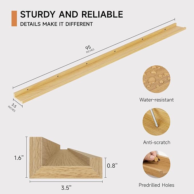 Floating Picture Ledge Shelves for Wall Set of 2, 95 Inches Picture Ledge Shelf with Long Large Nursery Book Shelf for Toys Storage Kids Bookshelf Wall Mounted Living Room Bedroom Decor Frames, Oak-NeatNest