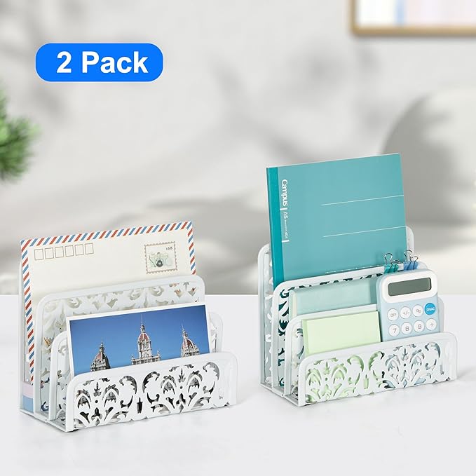 EasyPAG 2 Pack Mail Organizer with Hollow Floral Design, Metal Desktop Letter Sorter – 3 Compartments, No Assembly, Anti-Slip Feet for Office/Home Desk, White
