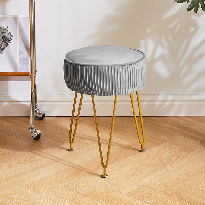 IBUYKE Velvet Round Footrest Ottoman, Makeup Vanity Stool Side Table, Dressing Table Seat, Pouf Couch Stool, Golden Steel Legs, Gray LG-30G