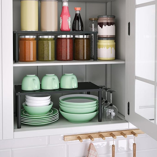 Cabinet Organizer Shelf(Set of 2),Kitchen Counter Shelves,Bamboo Spice Rack Countertop and Cabinet,Stackable Expandable,Large(Black)-NeatNest