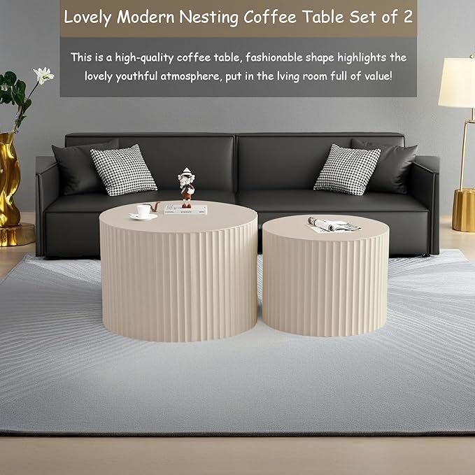 Modern Round Nesting Coffee Table Set of 2, Vertical Stripe Design Drum Coffee Table Cocktail Table, Round Side Table for Living Room, Bedroom, Office, Balcony (E19.7+27.6")