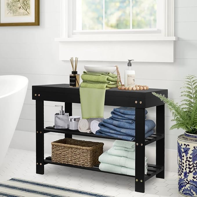 BAMBUROBA Shoe Rack Bench for Entryway,3-Tier Bamboo Small Bench with Storage Drawer,Shoe Shelf Organizer Indoor Outdoor Use,Black
