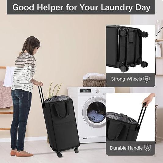 Bukere Extra Large Rolling Laundry Basket with Wheels, 90L Freestanding Collapsible Laundry Hamper Bag for Clothes Storage, Removable Wheeled Cart for College Dorm Apartment Laundry Room Bathroom-NeatNest