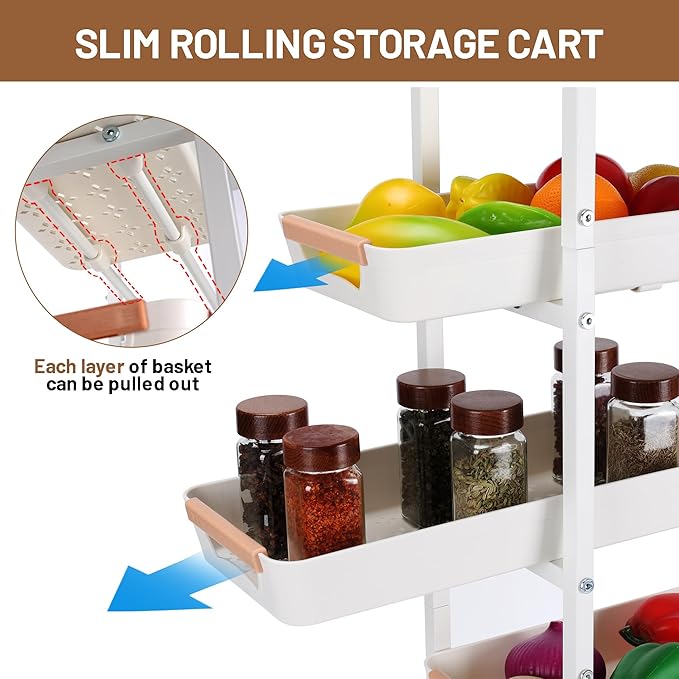 Slim Storage Cart, 5-Tier Narrow Rolling Kitchen Laundry Room Cart with Drawer and Wheels, Metal Utility Cart Slide Out Organizer for Small Spaces (White)