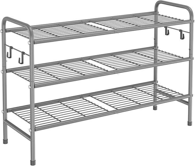 3 Tier Shoe Rack 33" Wide Metal Shoe Organizer Long Shoe Storage with 4 Side Hooks Sturdy Shoes Shelf for Front Door Entrance, Closet, Garage, Dorm, Grey-NeatNest