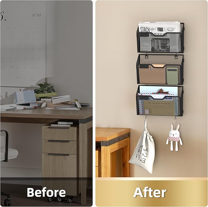 Docnest 3 Pack Hanging Wall File Holders, Mesh Wall Letter File Holder, Wall Mounted Mail Paper Document Folder Holder with Hooks for Office, Home, School, Black