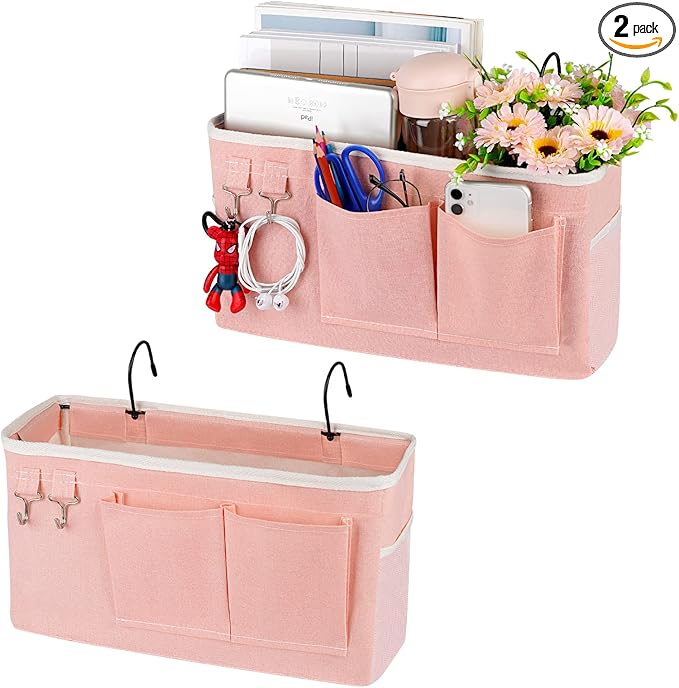 Bedside Storage Caddy/Bedside Hanging Storage Bag for Headboards Bunk Beds Dorm Rooms Book Phone Magazine Holder (2PC Light Pink)-NeatNest