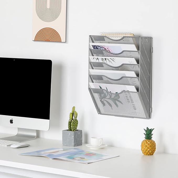 EasyPAG 5 Pocket Wall File Organizer, Silver | Metal Mesh Wall Mounted File Holder | Assembly Hanging Mail Organizer | Replaceable Classify Labels | Office Home Letter Size Paper Storage