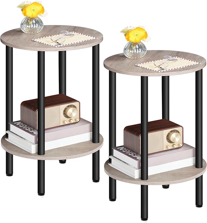 Side Table Set of 2, Round End Table, 2-Tier Small Nightstand with Sturdy Metal Tube, Industrial Coffee Table, for Living Room, Bedroom, Greige and Black TBZ01P2BG