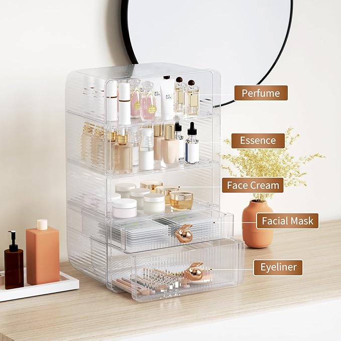 Large Makeup Organizer Countertop with 2 Drawers, Adjustable Tier Height, Bathroom Storage and Organization, Clear Vanity Shelves for Cosmetics Skincare Jewelry Dresser Bedroom Pantry