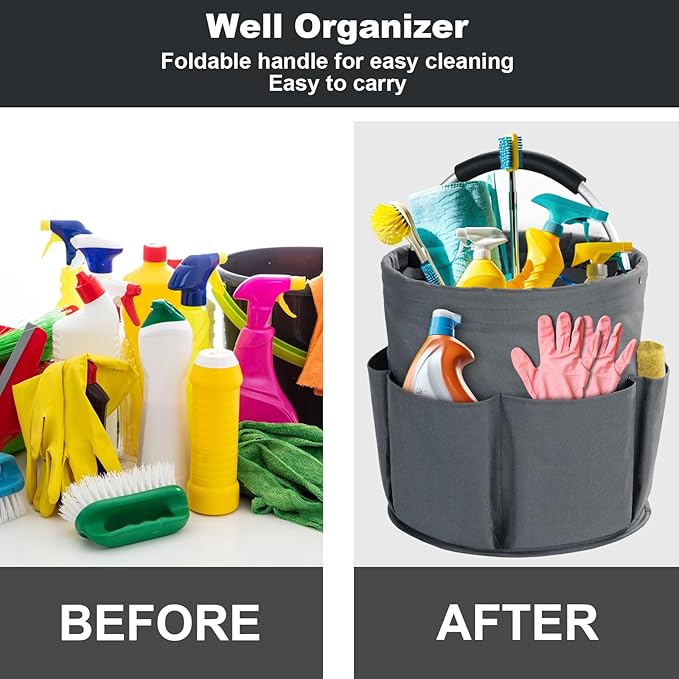 Cleaning Caddy with Handle, Cleaning Products Organiser, 17L Foldable Storage Basket, Cleaning Caddy Organiser, Portable Multi Cleaning Bucket Bag for Home, Garden (Dark Grey)-NeatNest