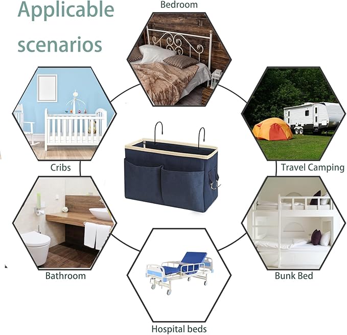 Bedside Caddy Bedside Hanging Storage Basket Multi-Function Organizer Caddy for Bunk and Hospital Beds Dorm Rooms Bed Rails, Can be Placed Glasses Books Mobile Phones(2pc Navy Blue)-NeatNest