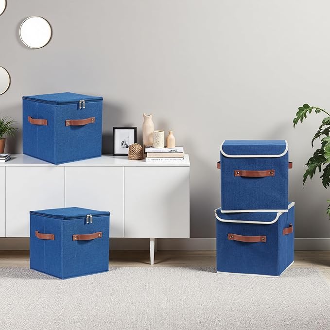 2PCS Storage Cubes with Lid Fabric Storage Bin Box PU Leather Handles Cotton Linen Closet Organizer Container Decorative Foldable Washable Shelf Cloth Basket (Zipper Lid, Deep Blue, 11in)-NeatNest