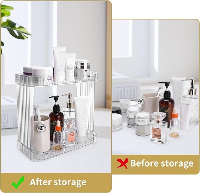 Acrylic 2 Tier Bathroom Counter Organizer,Makeup Organizer for Vanity,Clear Organizer Shelf for Kitchen Sink Countertop Storage,Perfume Tray for Dresser,Decor Tray for Skincare Cosmetics