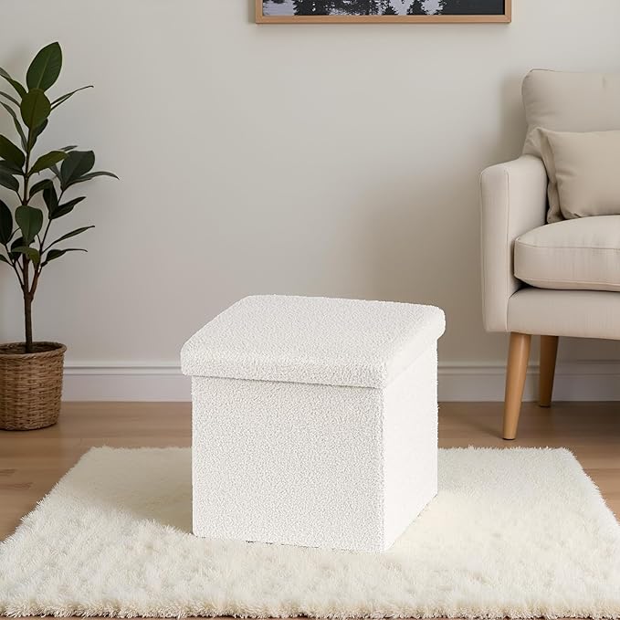 Folding Storage Ottoman Cube - Small Footrest with Sherpa Top, Multi-Functional Storage for Bedroom, Living Room,White