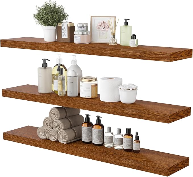 BAMEOS Floating Shelves, American Oak Wall Mounted Wooden Shelves with Invisible Brackets Set of 3, Hanging Wall Shelves Decoration for Bedroom, Bathroom, Living Room and Kitchen-NeatNest