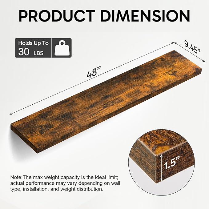 BAYKA Floating Shelves, 48 inches Long Wall Mounted Rustic Wood Shelves for Bathroom, Bedroom, Living Room, Kitchen, Office, Hanging Shelf for Books/Storage/Decor(Rustic Brown,Set of 2)-NeatNest