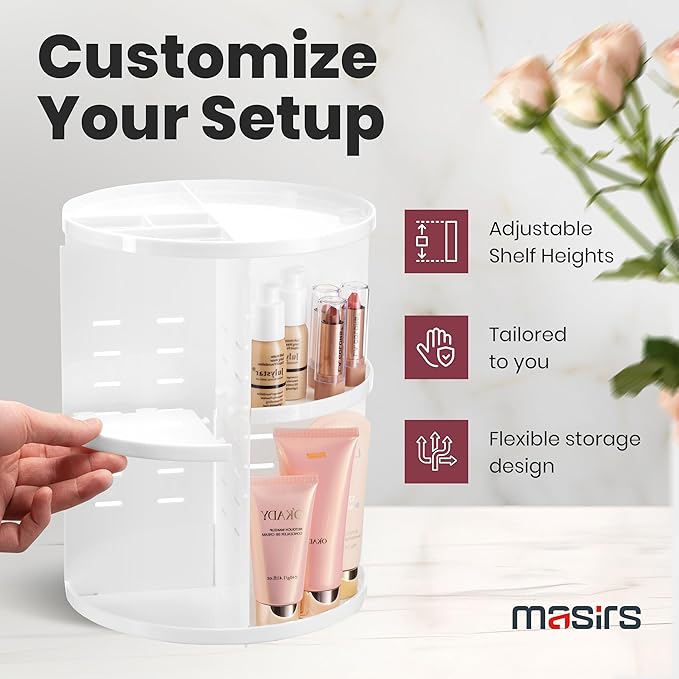 Masirs 360 Rotating Makeup Organizer - Adjustable Shelf Height and Fully Rotatable. The Perfect Cosmetic Organizer for Bedroom Dresser or Vanity Countertop. (White)-NeatNest