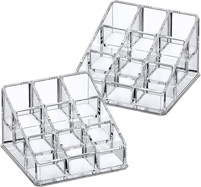 Amazing Abby - Glamour - 2-Pack 9-Slot Acrylic Nail Polish Organizer, Lipstick Holder, Lip Gloss Organizer, Cosmetic Storage Display, Perfect Storage Solution for Drawer, Vanity, Bathroom, and More-NeatNest
