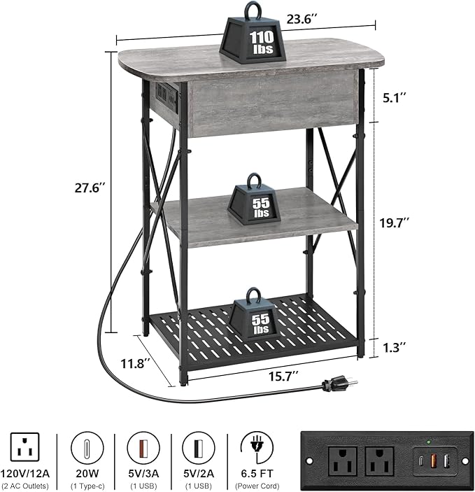 Narrow End Table with Charging Station, Grey Side Table with 3 USB Ports and 2 AC Outlets, Flip Top End Table with Storage, Bedside Table with Drawer, Side Tables Living Room, Bedroom