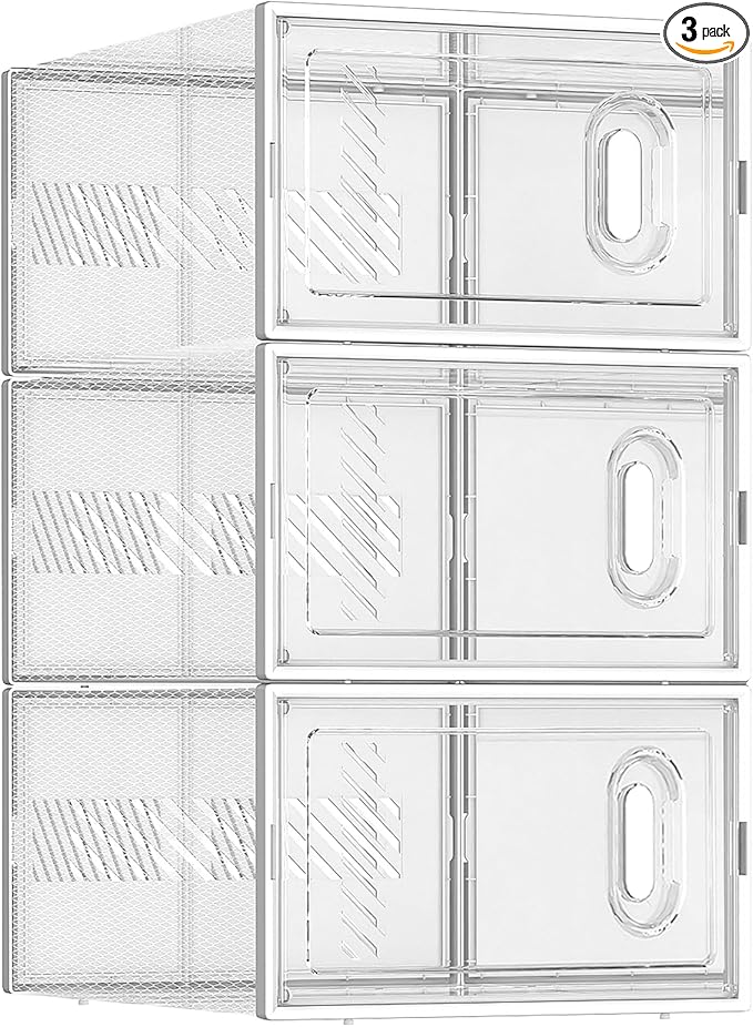 BALEINE 3 Pack Stackable Shoe Storage Boxes Fit Size 11, Thickened Clear Shoe Box Bins with Lids, Plastic Foldable Shoe Rack Organizer Sneaker Storage Containers (X-Large, White)