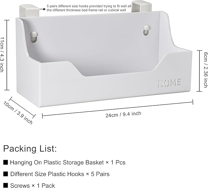 Bedside Caddy Hanging Storage Basket Little Size Plastic Beside Shelf Hang-on Storage Organizer for Collage Dorm Bunk Bed,Changing Table - Bedroom Essentials for Phone,Mini Speaker,Tissues (White)-NeatNest