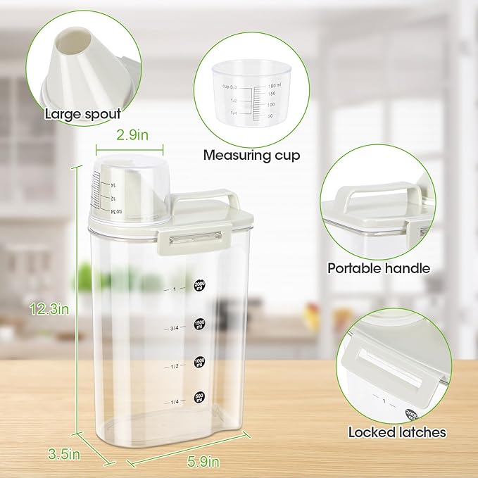 TBMax Rice Container, High Transparency PET Airtight Food Storage Container 2.64 Qt/4 Lbs, Kitchen Pantry Cereal Storage Container with Measuring Cup, Small Pet Cat Dog Food Container Dispenser -Beige-NeatNest