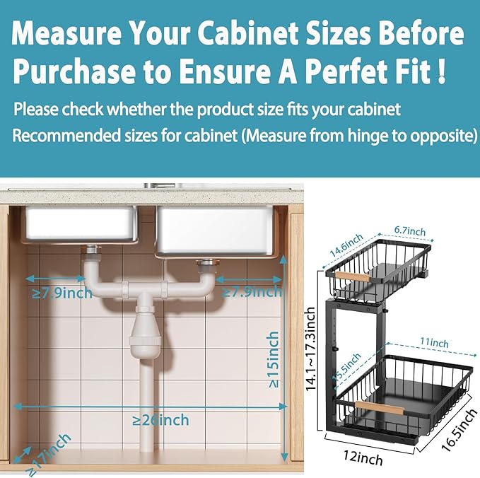 Under Sink Organizer Storage 1 pack, 2 Tier Slide Out Height Adjustable Pull Out Cabinet Organizer Drawers, Kitchen Bathroom Large Capacity Metal Under Sink Rack Caddy Basket Shelves, Black-NeatNest