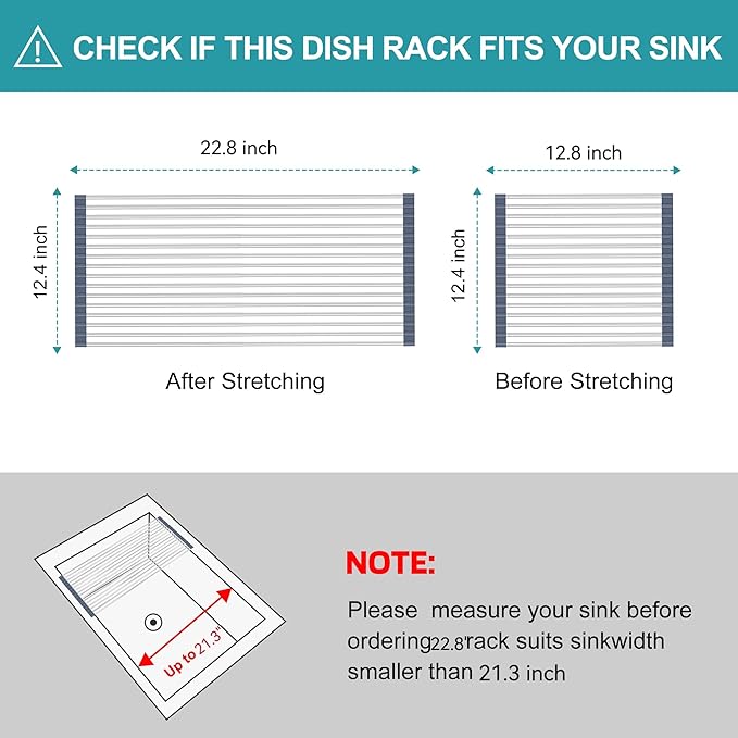 BBXTYLY Extra Expandable Roll Up Dish Drying Rack,Over The Sink Drying Rack Sink Cover Kitchen Sink Accessories Kitchen Rolling up Stainless Steel Drainer, Foldable,Rollable(Gray,22.8''-12.4'')
