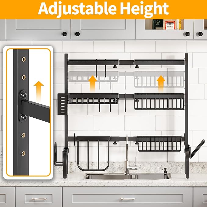Over The Sink Dish Drainer Drying Rack,Large Over Sink Dish Drying Rack,3 Tier Dish Rack Over Sink Counter with Storage Baskets,Above Sink Dryer Racks with Adjustable Size L(25.19"-37.4")*H30.9"