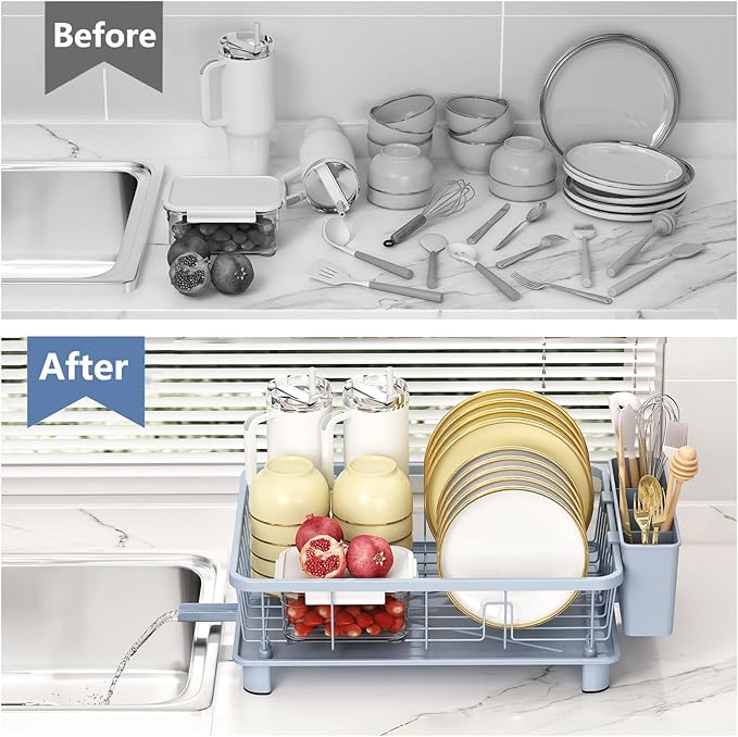 Blue Dish Drying Rack, Dish Rack,Space-Saving Dish Racks for Kitchen Counter with Utensil Holder,Gifts for Women Mothers Day, Kitchen Gadgets & Decor-NeatNest