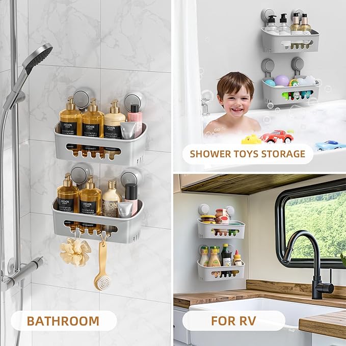 LEVERLOC Shower Caddy Suction Cup 2 Pack, Shower Organizer Removable Bathroom Shelf, Storage Suction Powerful Max Hold 22lbs Bathroom Caddy Waterproof Holder, Gray-NeatNest