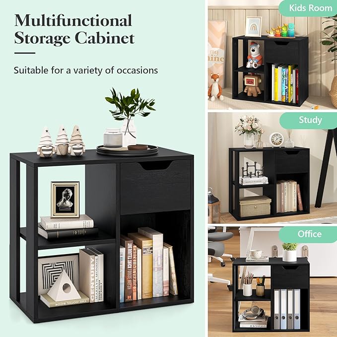 Giantex 3 Cube Bookcase with Drawer Set of 2, 2 Tier Bookshelf for Small Spaces, Modern Freestanding Display Rack with Open Shelves, Book Case, Wood Cube Storage Organizer Bedroom Living Room, Black