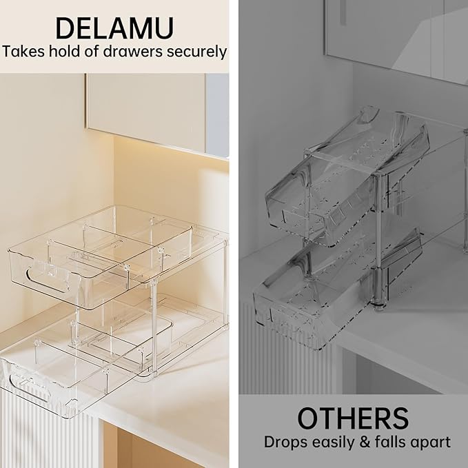 Delamu 2 Pack Snap-Lock Bathroom Under Sink Organizers and Storage, 2 Tier Pull Out Medicine Bathroom Cabinet Organizer, Multi-Purpose Kitchen Pantry Organization and Storage with Movable Divider-NeatNest