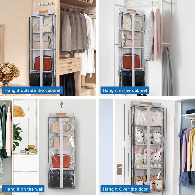 Clear Hanging Handbag Storage Organizer with Zippers, Easy Access Purse,Toy,Yarn,Hat Storage Holder Over The Door Purse Organizer Space Saving 4 Pockets for Closet Bedroom Living Room (Grey)-NeatNest