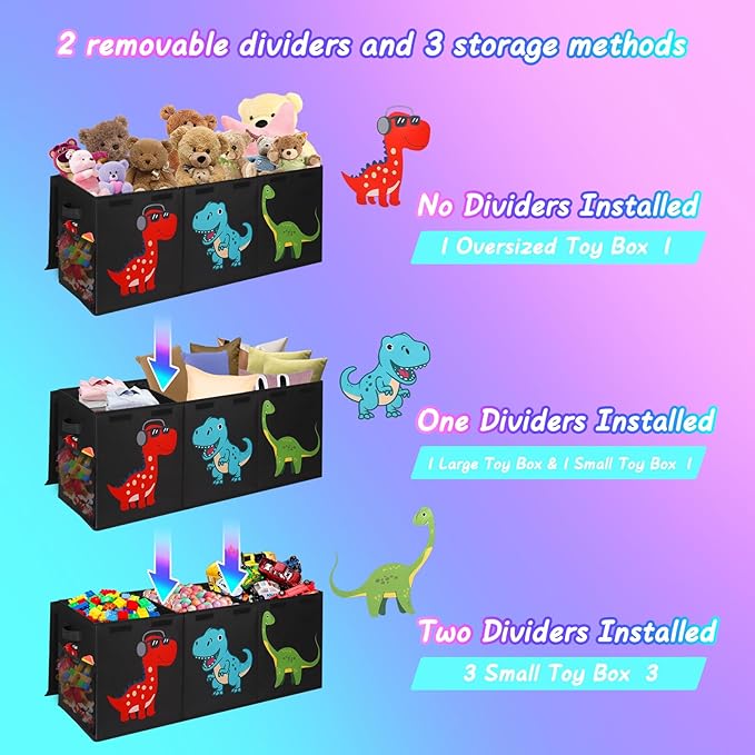 Extra Large Toy Box, Collapsible Sturdy Storage Organizer with Lids, Dinosaur Toybox for Boys Girls, 40"x16"x16" Kids Toy Chest Bin Baskets for Living Room, Playroom, Bedroom, Nursery, Black