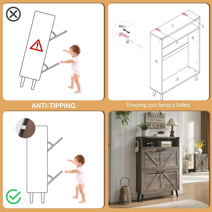 Shoe Storage Cabinet,Farmhouse Shoes Organizer with 2 Flip Drawers & Barn Door Design,Freestanding Hidden Slim Narrow Shoe Rack Cabinet with Open Shelves for Entryway,Hallway,Rustic Brown-NeatNest