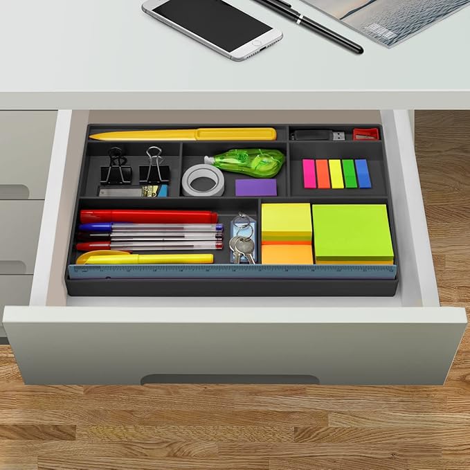 Acrimet Desk Drawer Organizer Tray with 8 compartments Bin Multi-Purpose for Desk Supplies and Accessories (Plastic) (Black Color)-NeatNest
