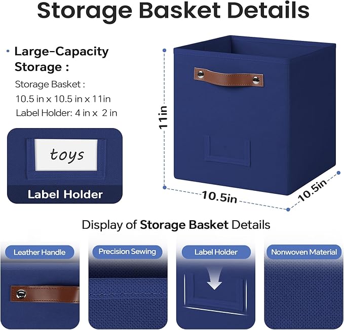 6-Pack Collapsible Fabric Storage Cubes with Handles & Label Holders, Closet Cube Home Organizer Bins (Navy Blue, 10.5*10.5*11 inch)