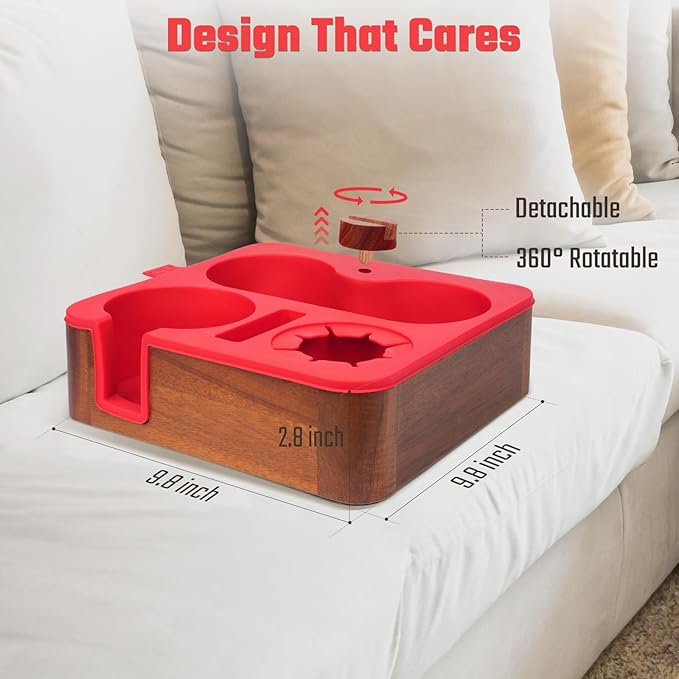 Couch Cup Holder Tray, Real Acacia Wooden Caddy with Soft Silicone, Snack and Drink Organizer- Perfect Movie Night Accessories for Bed, Remote and Cup Holders for Sofa (Red)-NeatNest