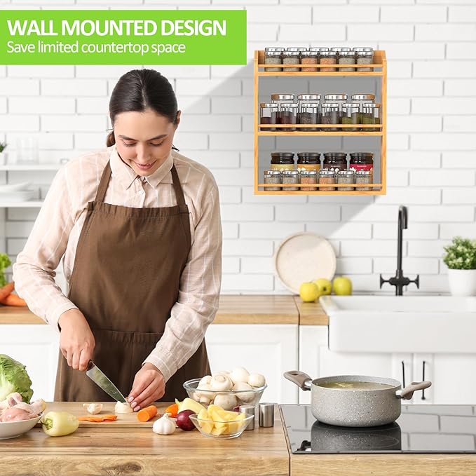 Bamboo Spice Rack Organizer, 3 Tier Spice Jars Shelf for Kitchen Countertop or Wall Mounting-NeatNest