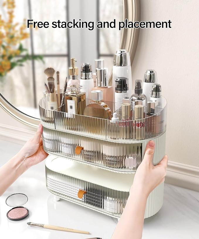 Makeup Organizer with 2 Drawers and 1 Clear Tray, Stackable Cosmetic Organizers and Skincare Storage box for Vanity and Countertop