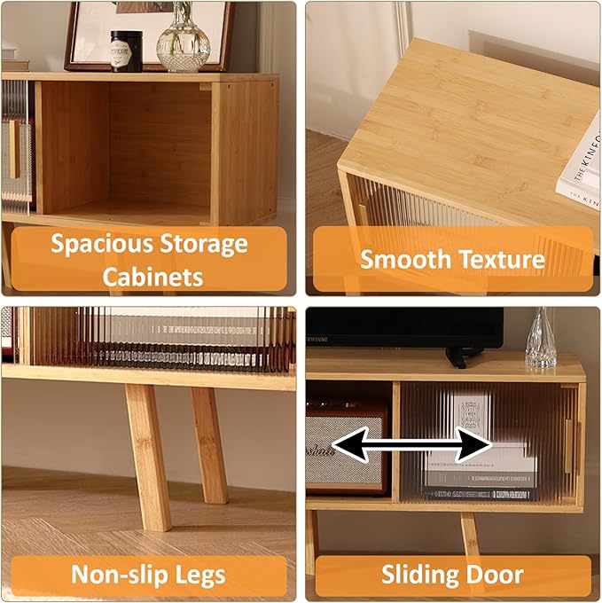 Bamboo TV Stand Entertainment Center- Mid-Century Modern Television Stand for 50 inch TVs, Bamboo Media Console Table, Open Storage Shelves for Living Room, Bedroom and Home Decor-NeatNest