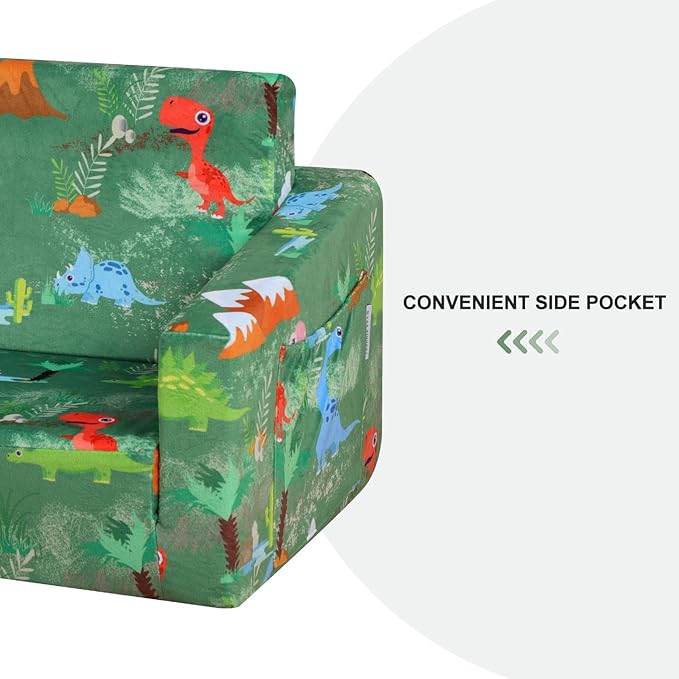 Foam Kid Sofa Couch, 2 in 1 Convertible Sofa to Bed for Baby,Velvet Toddler Sofa Chair with Side Pocket for Kid Playing (W29.92) (Green)-NeatNest