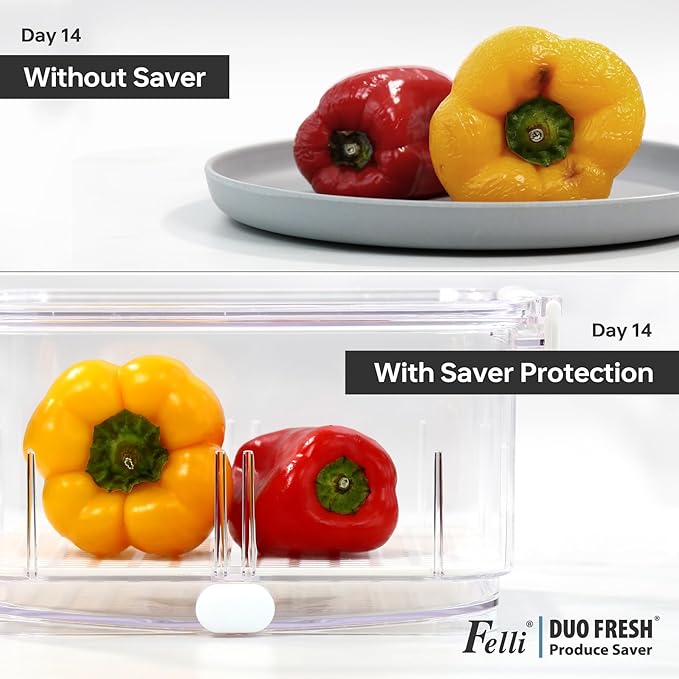 Felli Duo Fresh Produce Saver, ALL IN ONE Fridge Fruit Vegetable Container for Wash & Store with Vent & Drain Trays, Colander Strainer Bin for Refrigerator, Watermelon Berry Storage Keeper, Gifts