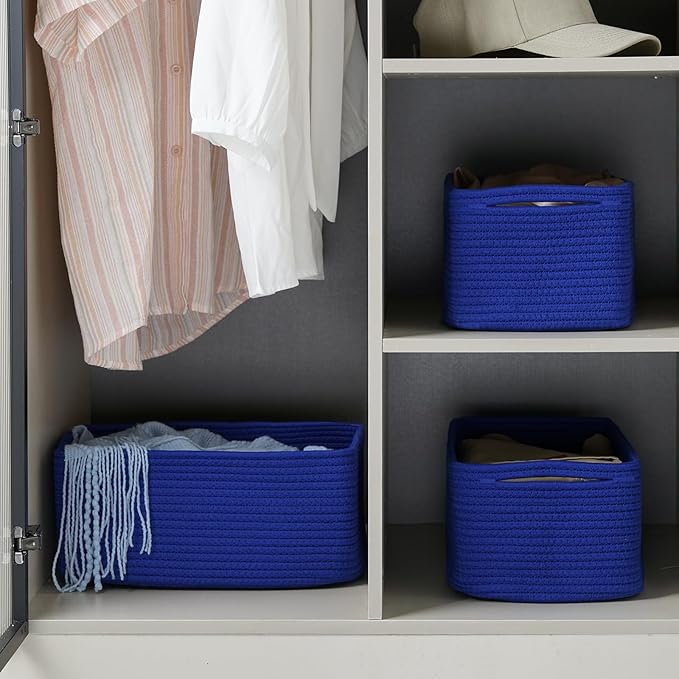3-Pack Storage Baskets for Organizing | Woven Shelf Toy Basket | Rope Baskets for Gifts Empty | Closet Organizer Bins with Handles | Cube Decorative Box | 13.7×7.1×6.7” | Klein Blue-NeatNest