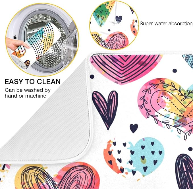 Absorbent Dish Drying Mat for Kitchen Counter - Cute Hearts Colorful Microfiber Drying Pad, Reversible Drainer Mats for Countertop, Small 16" x 18"