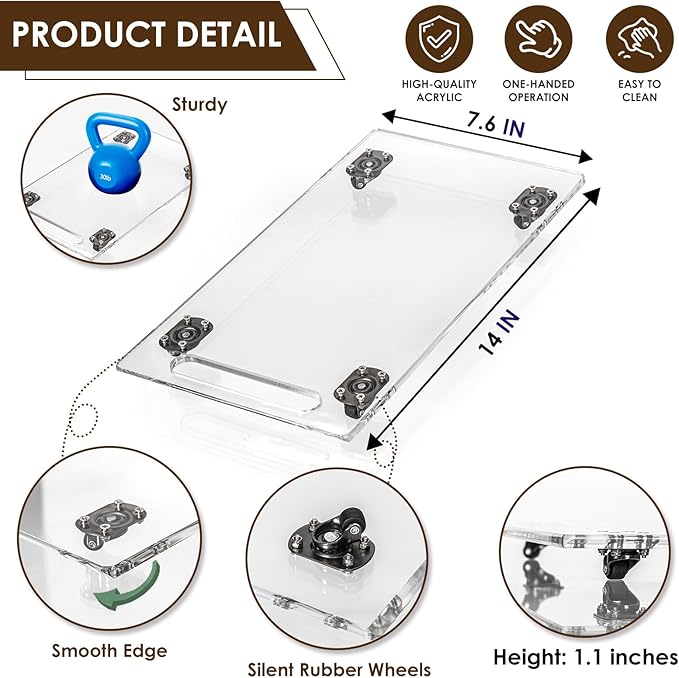 360° Sliding Tray for Coffee Maker & Kitchen Appliances - Silent Rubber Wheels, Clear Acrylic Organizer Tray for Under Cabinet - Space Saving Countertop Accessory, 7.6x14 Inch (Clear)