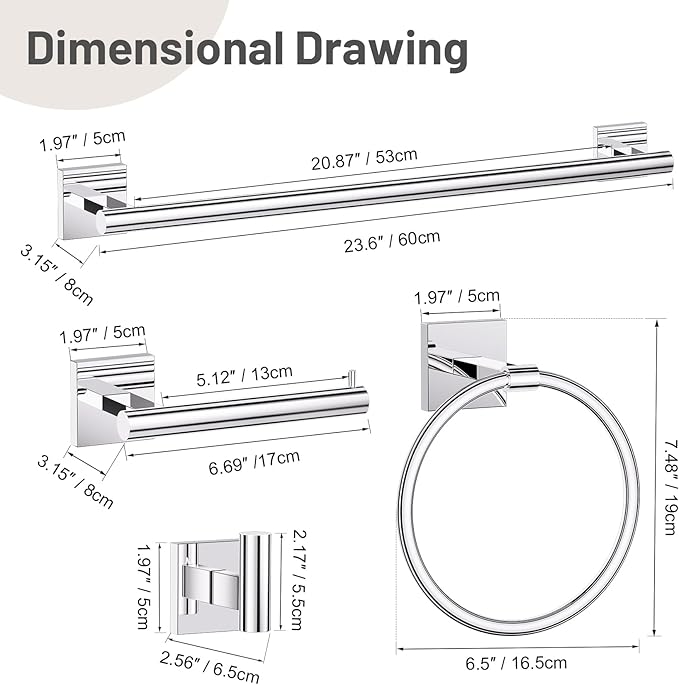 10 Pieces Polished Chrome Towel Bar Set, 23.6 Inch Bathroom Accessories Set SUS304 Stainless Steel Bathroom Hardware Set Towel Racks for Bathroom Wall Mounted.