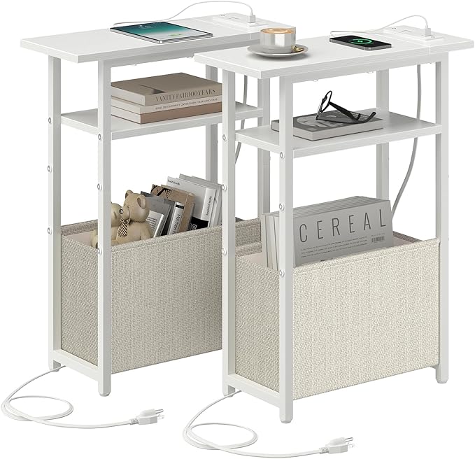 Narrow Side Table with Charging Station Set of 2, Small End Table for Small Spaces, Skinny Nightstands Set 2 with Storage Basket, 3 Tier Sofa Bedside Tables for Living Room,Bedroom, White